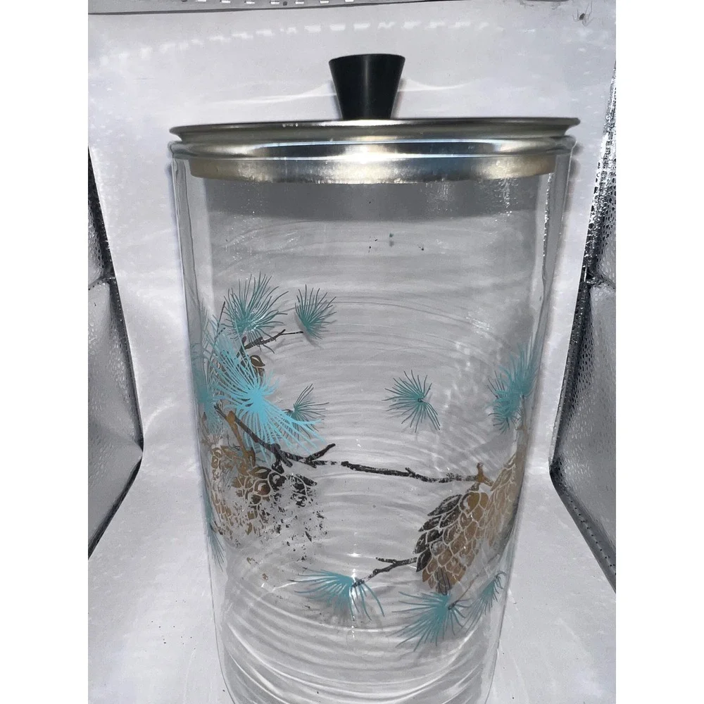 Vtg Mid Century Glass Libbey Canister Teal Pinecone Gold Pine Motif Metallic Lid